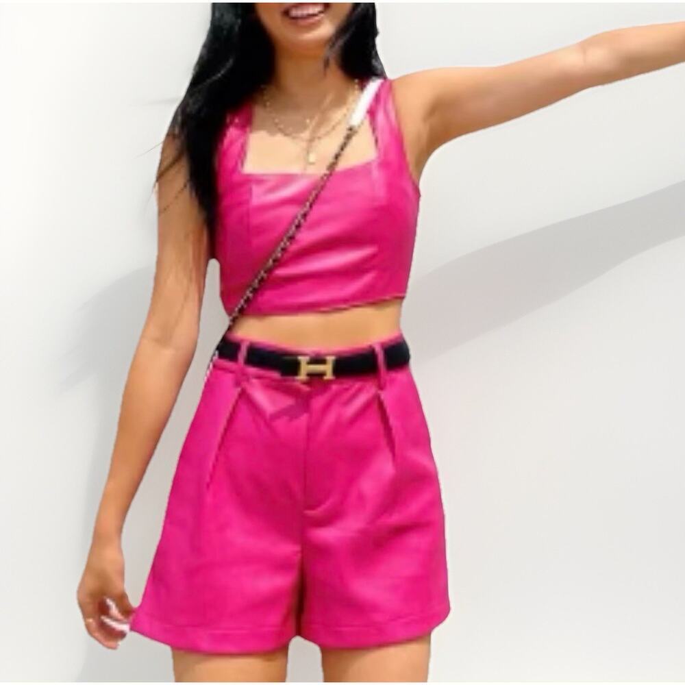 7 For All Mankind Womenβs Pink Faux Leather Crop Top & Short Size Large Festival